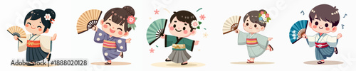 Cute Handdrawn Japanese Child in Traditional Kimono with Fan Illustration
