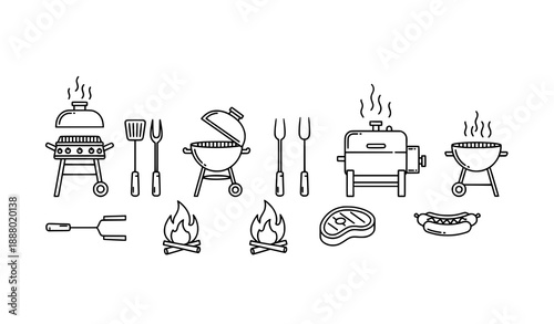 Modern thin-line black and white barbecue grill vector icon set