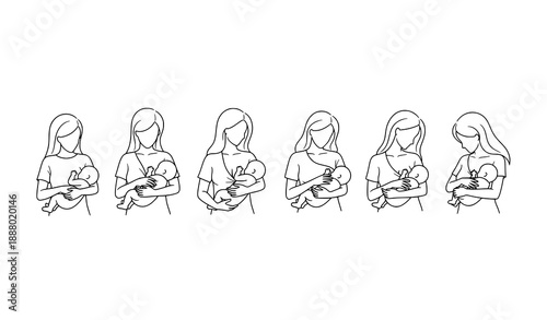 Modern thin-line breastfeeding mother and baby vector illustrations isolated on white