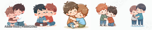 Cute Handdrawn Little Boy Embrace Each Other Friendship Doodle Illustration