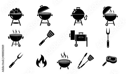 Black and white barbecue and grill vector icon set for cooking and outdoor grilling