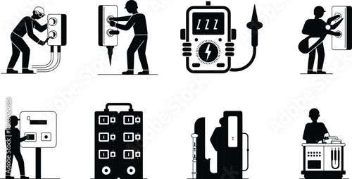 Electrician and electrical maintenance icons set showing power systems, wiring installation, equipment repair and professional technician services isolated on white background