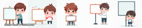Cute Hand Drawn Little Boy Character Holding Blank Whiteboard Illustration