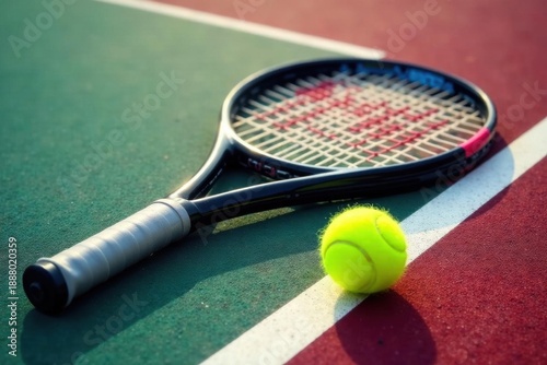 Gleaming new racket & tennis ball on freshly painted court lines, still life, games