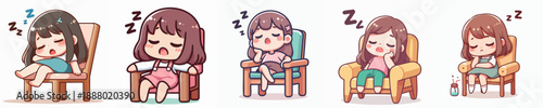 Kawaii Cute Sleeping Woman Characters Relaxing in Chair Illustration Set