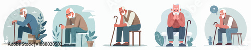Flat Style Solitude Depressed Senior Illustration of Sad Elderly People
