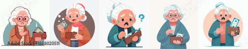 Cartoon Style Elderly Woman with Empty Wallet Financial Trouble Illustration Set
