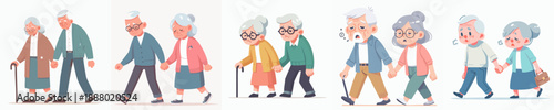 Gentle Cartoon Illustration of Happy Senior Couple Walking Together on Street