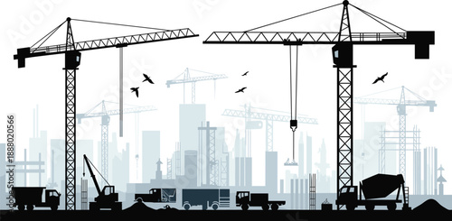City construction site illustration with tower cranes, heavy machinery and urban skyline showing infrastructure development and modern industrial building progress