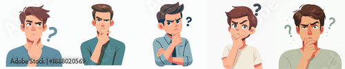 Flat Illustration of Several Thoughtful Young Man with Question Mark Character