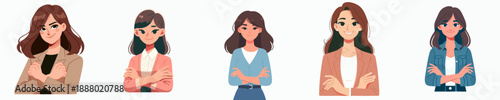 Colorful Cartoon Style Diverse Business Woman Character Set Illustration