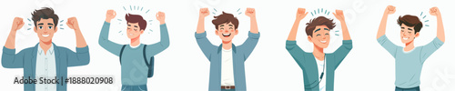 Cartoon Cheerful Young Man Raising Fists Up Expression Illustration