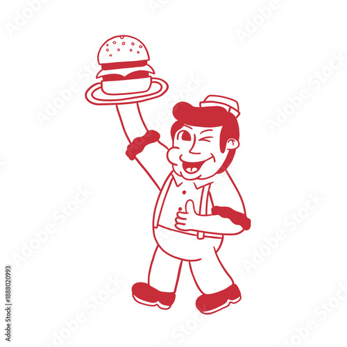 Waiter holding a hamburger retro cartoon illustration