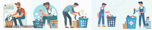 Minimalist Man Doing Laundry at Home Flat Illustration Style
