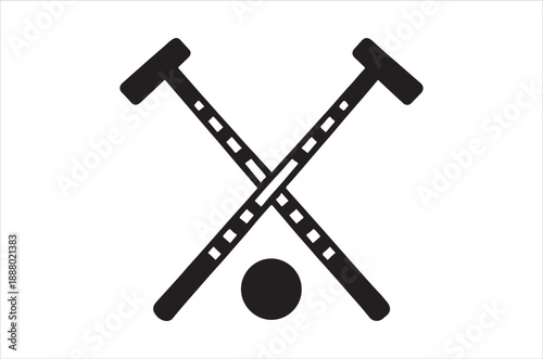 Black and white depiction of crossed lacrosse sticks and a ball