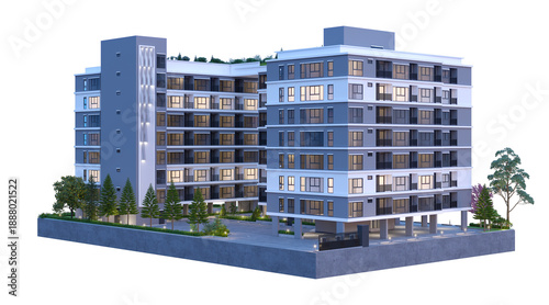 Tableau sur toile 3D rendering of a luxury condominium building with architectural lighting, garden, and parking lot