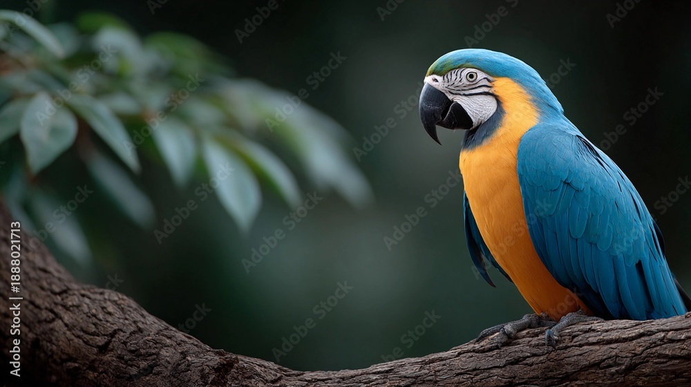 Obraz premium A blue and yellow macaw parrot is perched on a tree branch