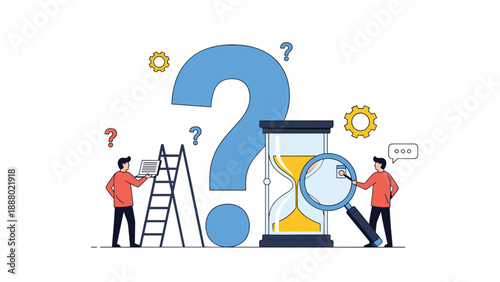 Business people work together to solve complex problems using tools like magnifying glasses and hourglasses for effective time management.