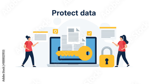 Professional team ensures data protection and cybersecurity by using encryption keys and digital locks on computer systems and files.