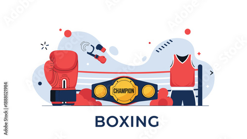 Boxing sports equipment including a red glove, championship belt, and training outfit are arranged in a modern flat illustration style.