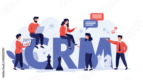 Diverse team of professionals interacts with large CRM letters and chess pieces to demonstrate strategic customer relationship management.