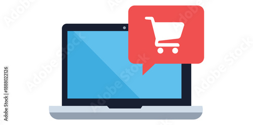 Online Shopping Symbol: A modern laptop displaying the concept of online shopping. A speech bubble with shopping cart symbol suggests a smooth and convenient purchase and e-commerce experience