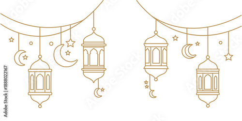Elegant ramadan lantern stars, and rescent, moon, islamic, border, holy, month, golden horizontal, line vector arabic traditional muslim for greeting card, poster illustration.