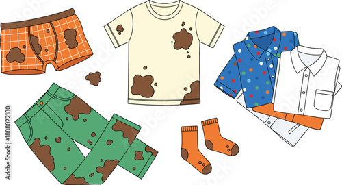 Set of dirty clothes with mud stains vector illustration, messy laundry items collection for cleaning and hygiene design