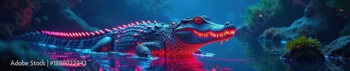 Glowing crocodile glides through psychedelic underwater scene, fantasy, abstract