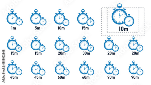 Selection of blue stopwatch icons displays different time durations from one minute to ninety minutes for various task management needs.