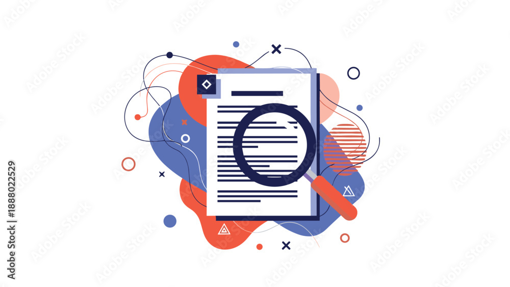 Naklejka premium Important document is examined through a large magnifying glass against a background of abstract colorful shapes and lines.