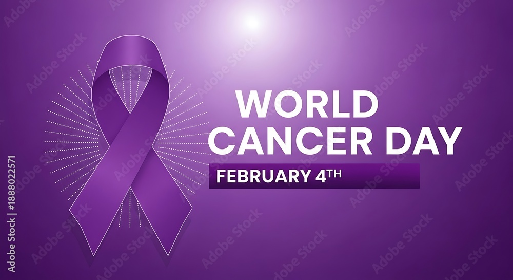 Fototapeta premium World Cancer Day graphic featuring a prominent purple ribbon and the date February 4th, set against a soft purple gradient.