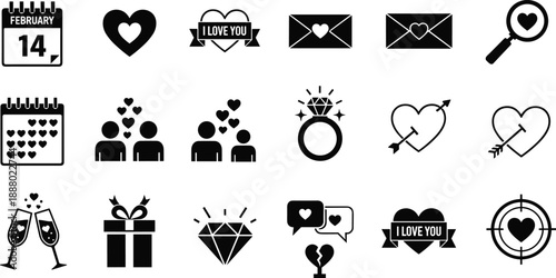 Minimal Valentine’s Day icon set featuring hearts, gifts, champagne, calendar, ring, and romantic symbols in clean black-and-white line style