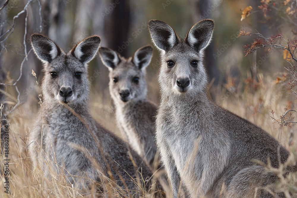 Fototapeta premium Three kangaroo standing in dry grass with focused expressions in natural woodland environment