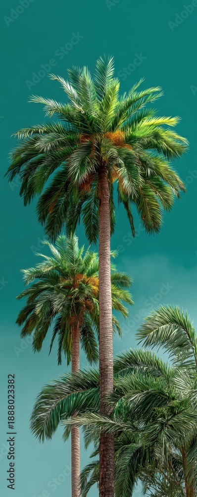 Obraz premium Vibrant photograph featuring a cluster of lush palm trees with green fronds and ripe dates, silhouetted against a striking teal sky.