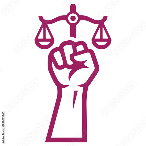 Symbol of justice and strength depicted by a clenched fist holding scales representing fairness and power