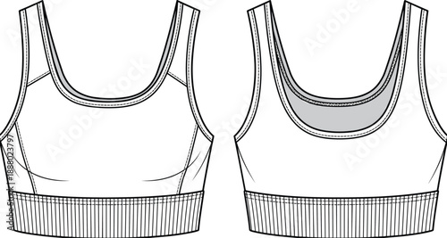 Sports bra fashion template, scoop neckline technical sketch, wide strap activewear design front back view, flat vector illustration