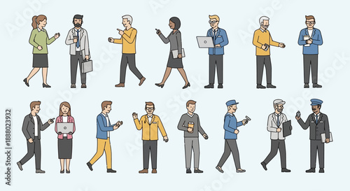 Diverse professionals walking in various directions while using mobile devices in a vector illustration style