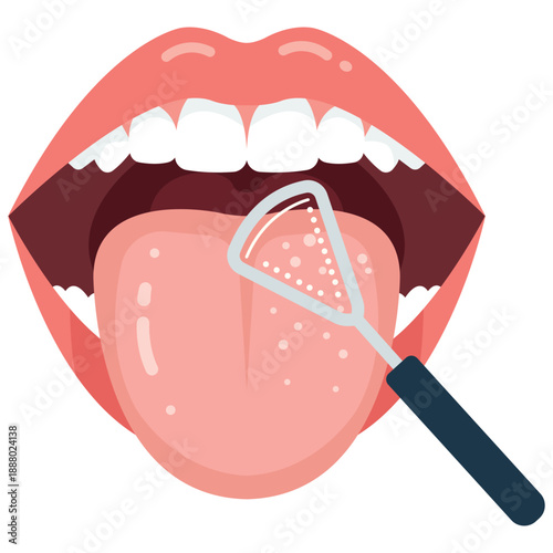 Dental Examination: Close-up illustration of a mouth with open lips, showcasing healthy teeth, and a tongue being examined by a medical tool. This image highlights the importance of dental care.