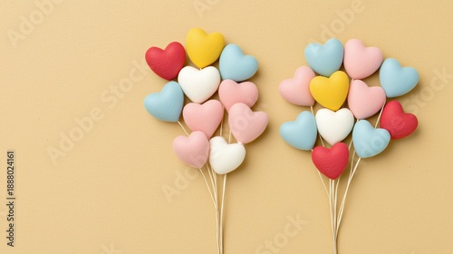 Colorful Heart Shaped Balloons on Soft Yellow Background with copy space , valentine decoration 