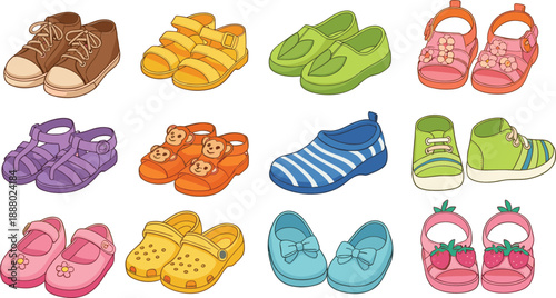 Collection of colorful children shoes and sandals vector set, cute baby footwear icons for kids fashion design