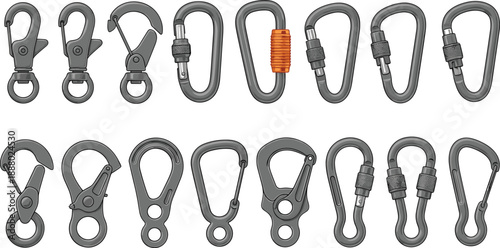 Carabiner clip set, climbing hardware collection, snap hooks and screw gate connectors, mountaineering safety equipment, metal vector illustration, detailed graphic