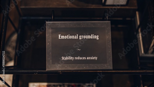 A framed sign displays the concept of Emotional Grounding and its relationship to Stability reducing anxiety, offering a message of mental health support.