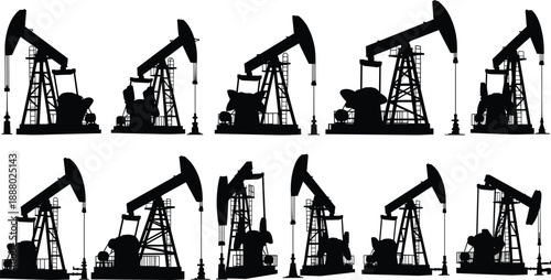 Oil pump jack silhouettes set, petroleum extraction equipment, industrial drilling rigs, energy production machinery, black vector illustration collection for oil industry