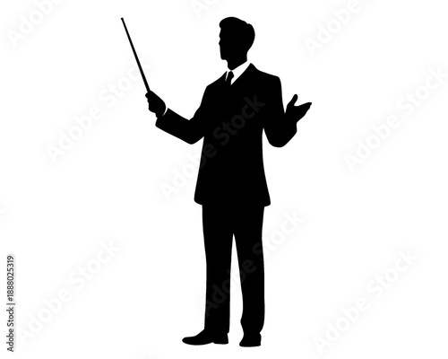 Silhouette of a teacher holding a stick, male teacher teaching students, vector illustration, icon isolated on white background.
