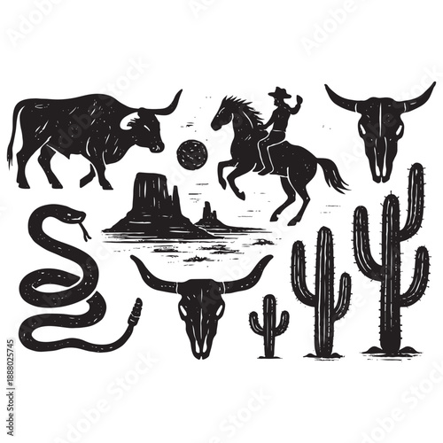 Western Desert Linocut Print Set – Boho Cactus, Canyon Wildlife & Rodeo Icons