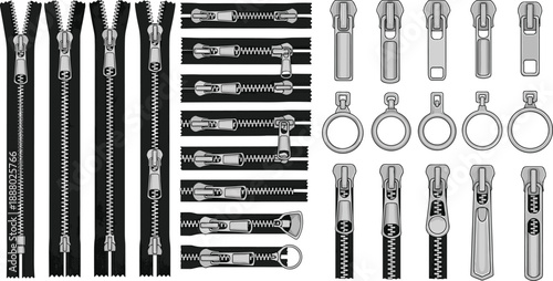 Zipper set vector, metal zip fastener collection, clothing zipper parts, puller sliders and teeth, garment accessories, realistic flat illustration elements