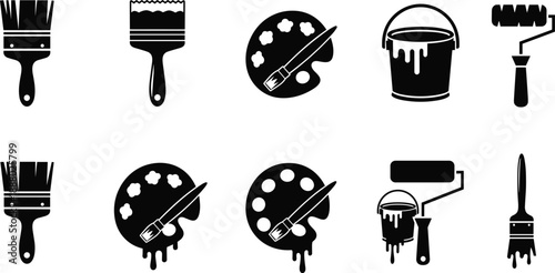 Painting tools silhouette icon set, brushes rollers palette and paint bucket, painter equipment symbols, black vector graphics isolated on white