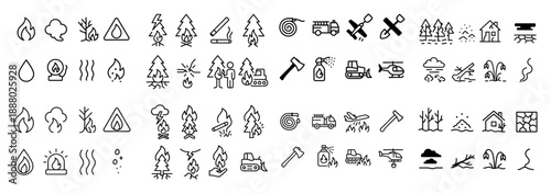 Forest fire safety and prevention icons