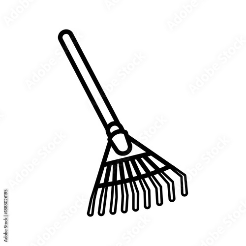 Clean line art representation of a essential garden rake, symbolizing diligent yard work, seasonal leaf collection, and effective outdoor space maintenance